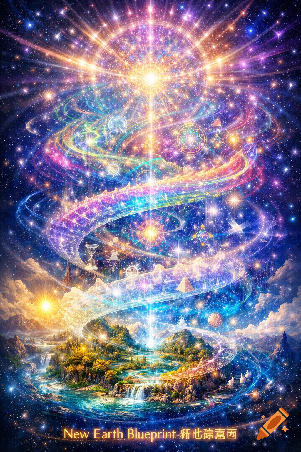 A vibrant, ethereal cosmic blueprint descends into a lush green landscape with waterfalls and starry skies, filled with glowing light and abstract symbols.