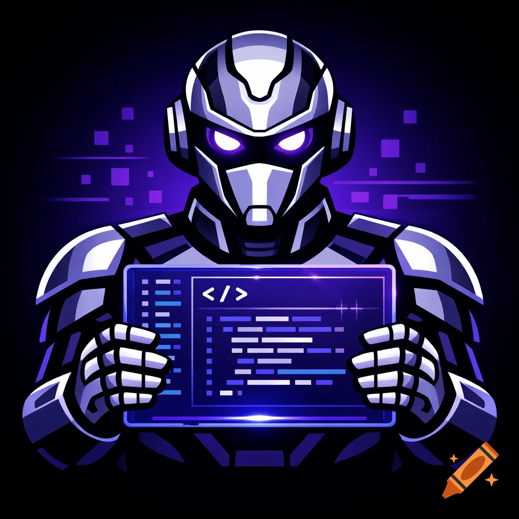 A stylized avatar icon of a futuristic robot engineer with glowing purple eyes, holding a holographic code editor, in a violet and indigo color scheme with a dark background.