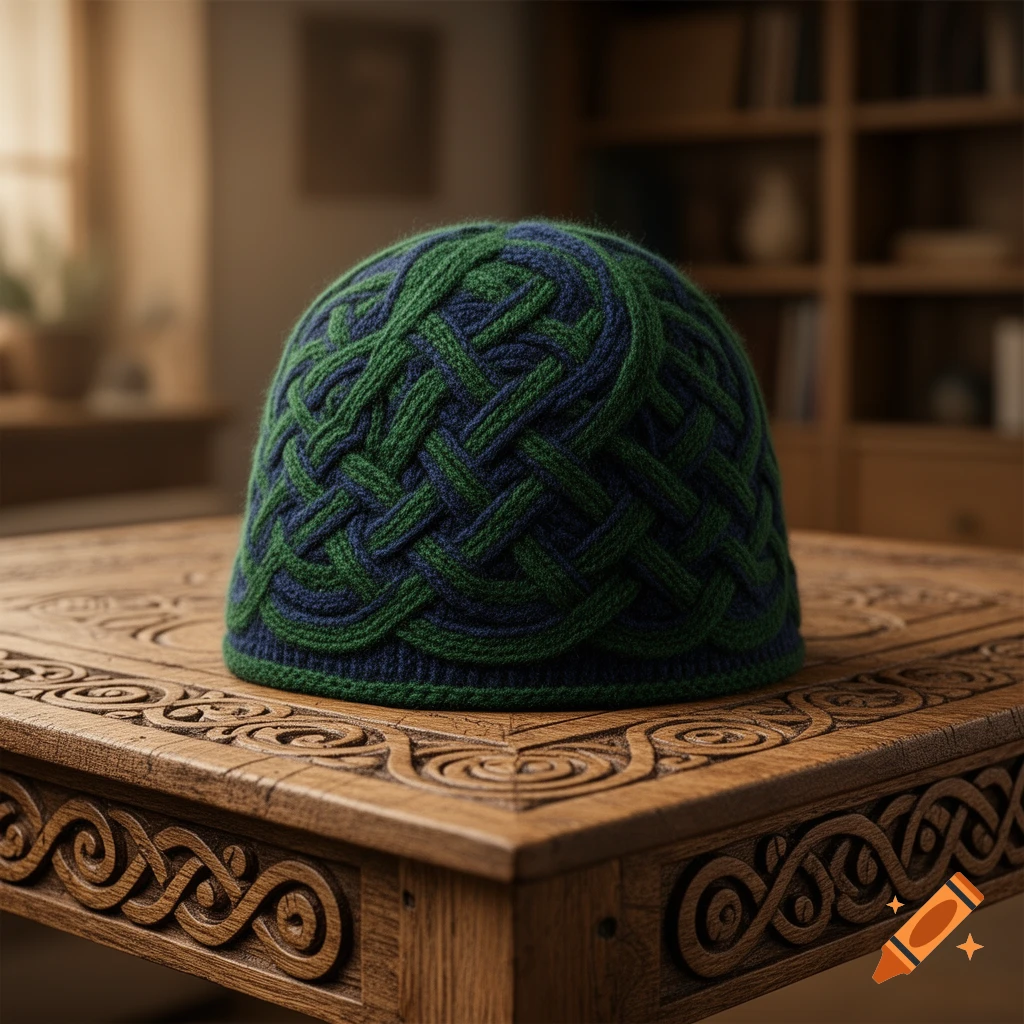 A green and blue knitted beanie hat with a Celtic knot pattern rests on a carved wooden table.