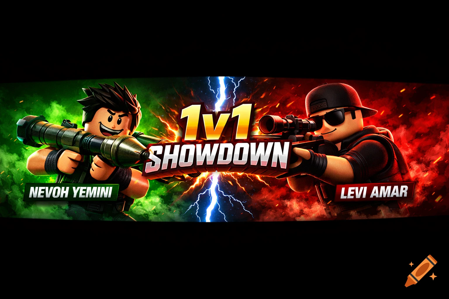 Roblox esports 1v1 SHOWDOWN banner with Nevoh Yemini holding an RPG and Levi Amar with a sniper, split green and red background with lightning.