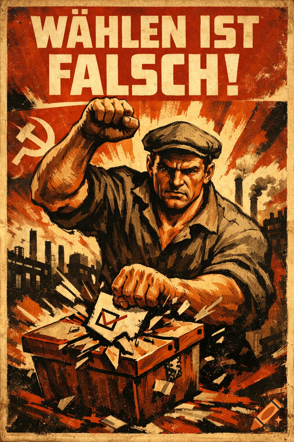Soviet-style propaganda poster shows an angry worker in a cap raising his fist, smashing a ballot box. Text reads "VOTING IS WRONG!"
