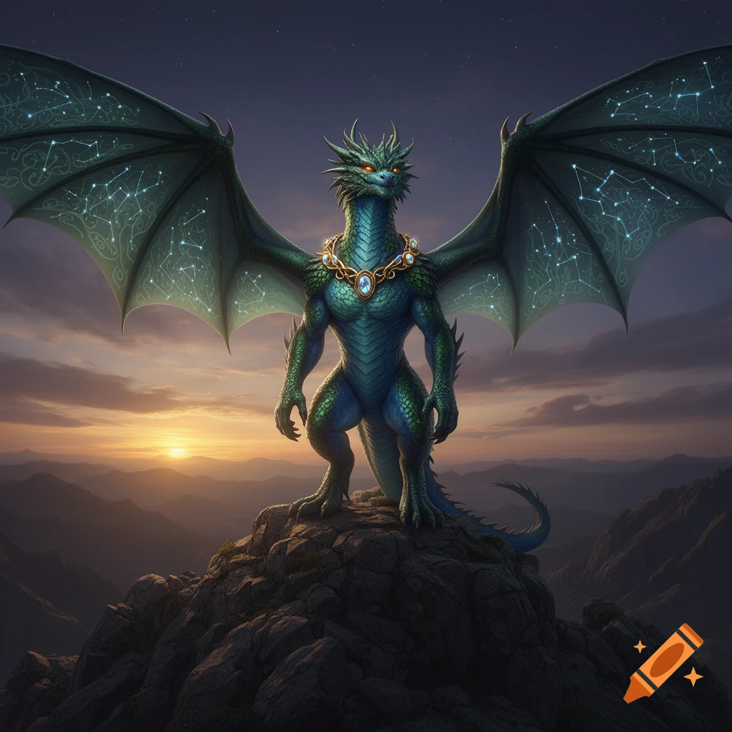A majestic green and blue dragon with constellation-patterned wings and ...