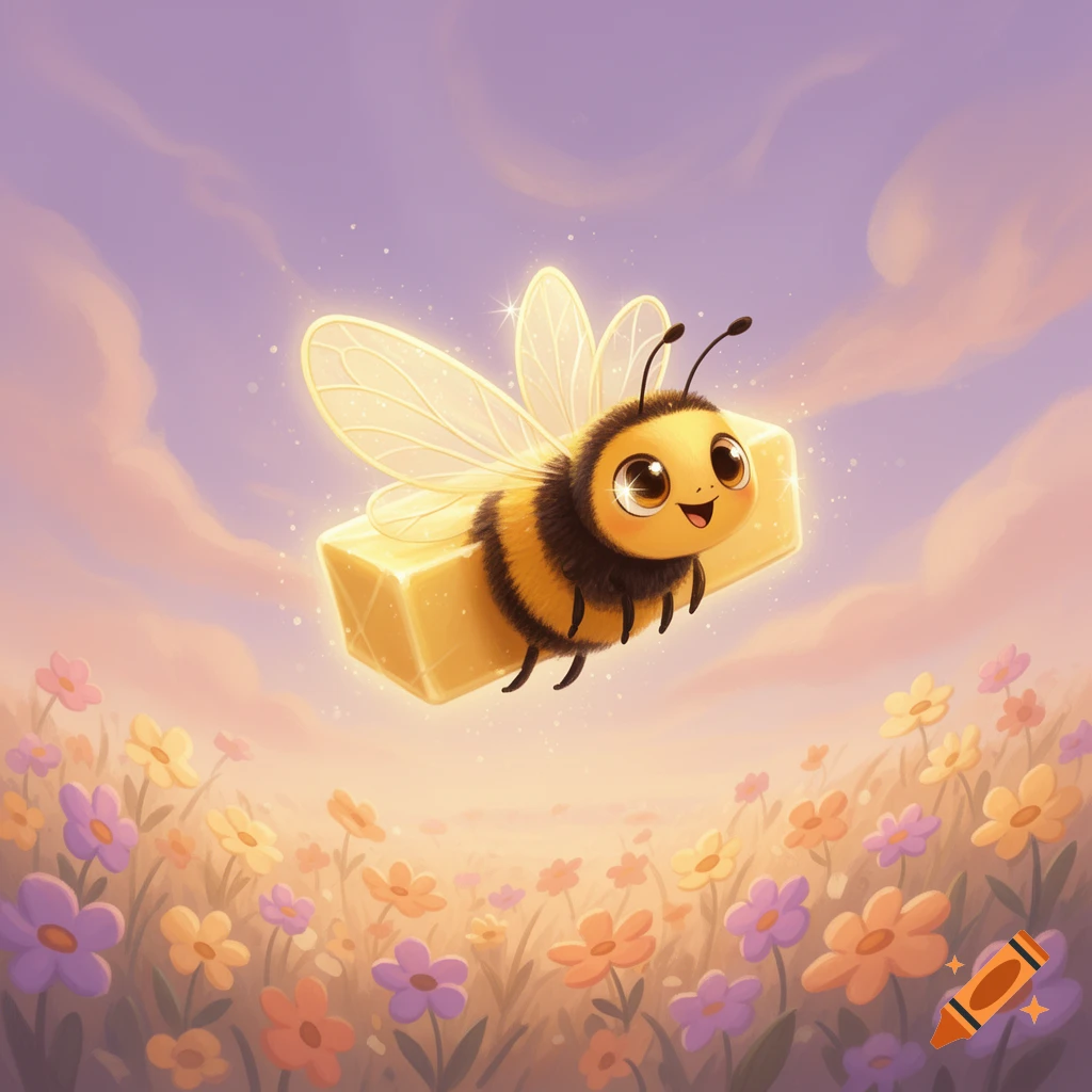 A cute cartoon bee carries a glowing block of butter over a field of colorful flowers under a pastel sky.