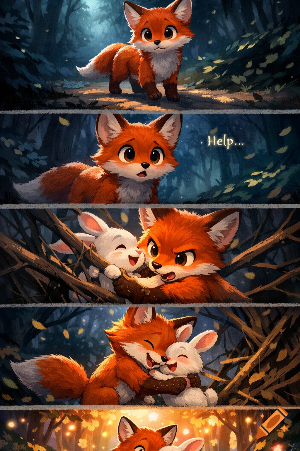 Multi-panel cartoon showing a scared fox, then freeing a trapped rabbit, and finally hugging the rabbit in a glowing forest.