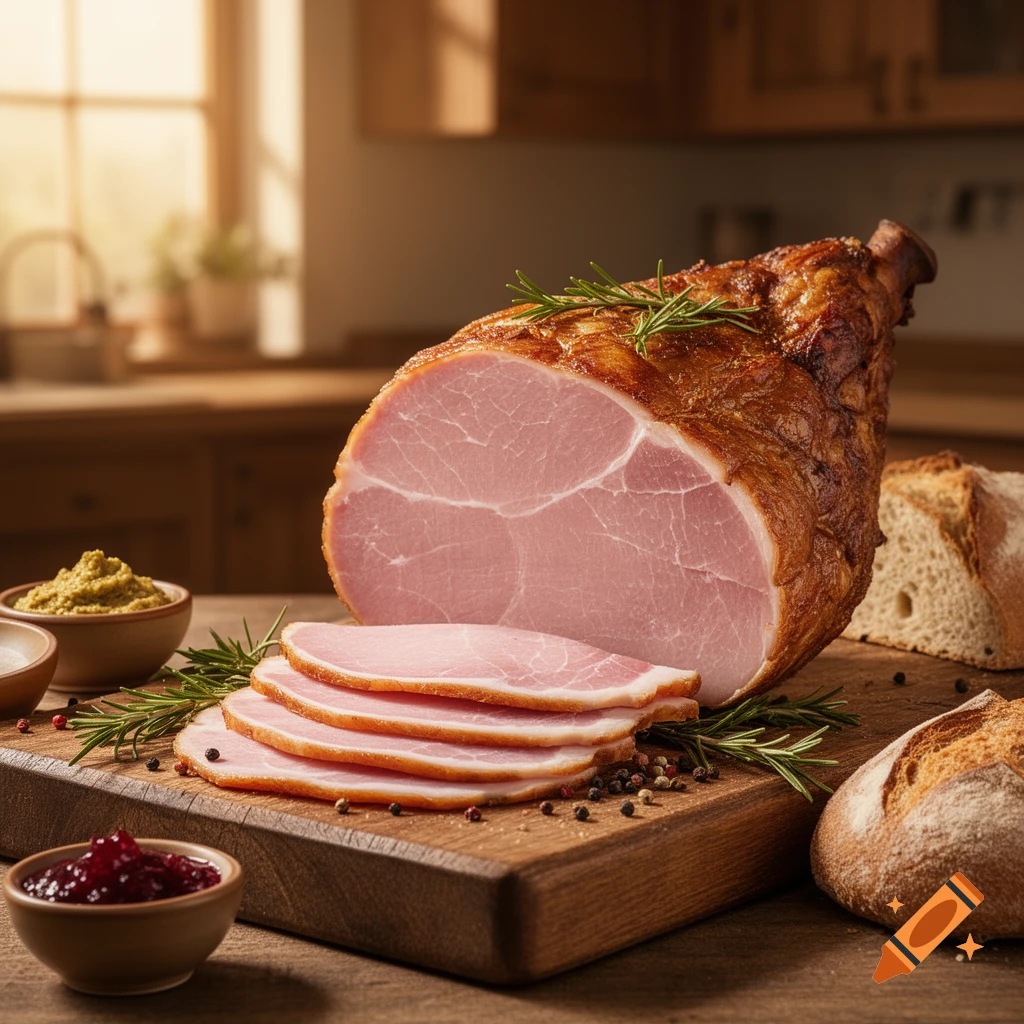 A photorealistic image of a whole roasted ham, partially sliced, with rosemary, peppercorns, bread, and sauces on a wooden board.