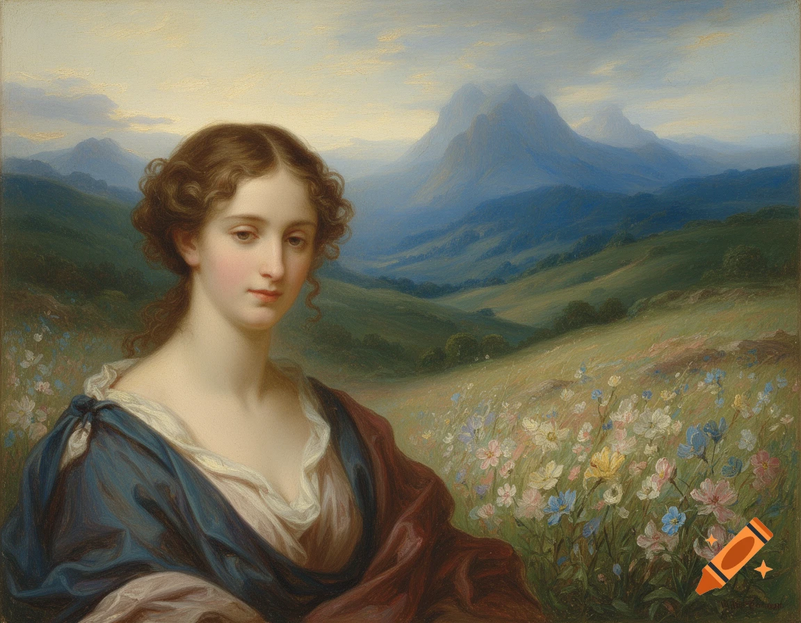 A classical oil painting portrait of a woman in a blue and red drape, looking to the side in a field of wildflowers with mountains.