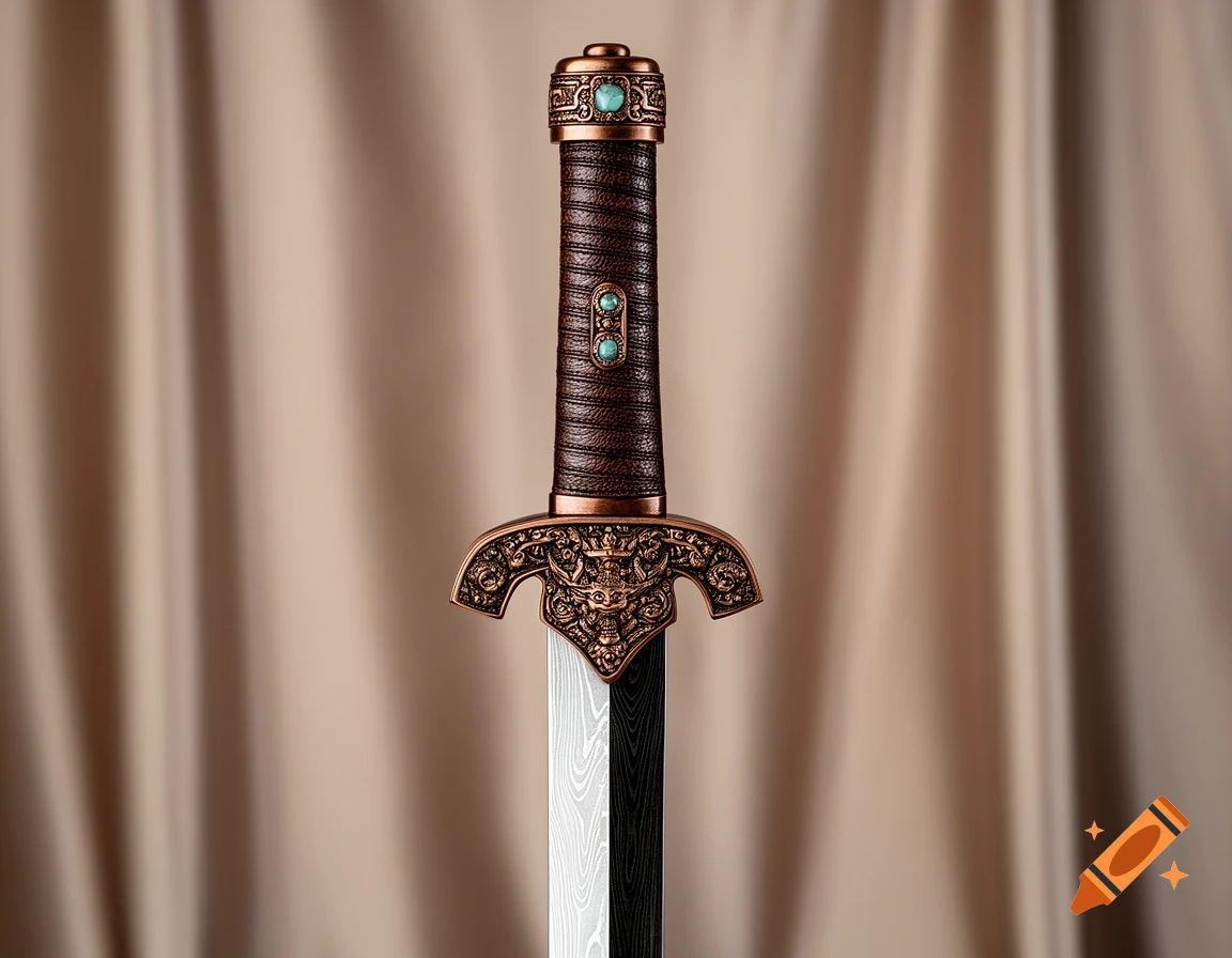 Ornate sword with a leather-wrapped hilt, bronze guard with turquoise accents, and a pattern-welded blade, against a soft brown fabric background.