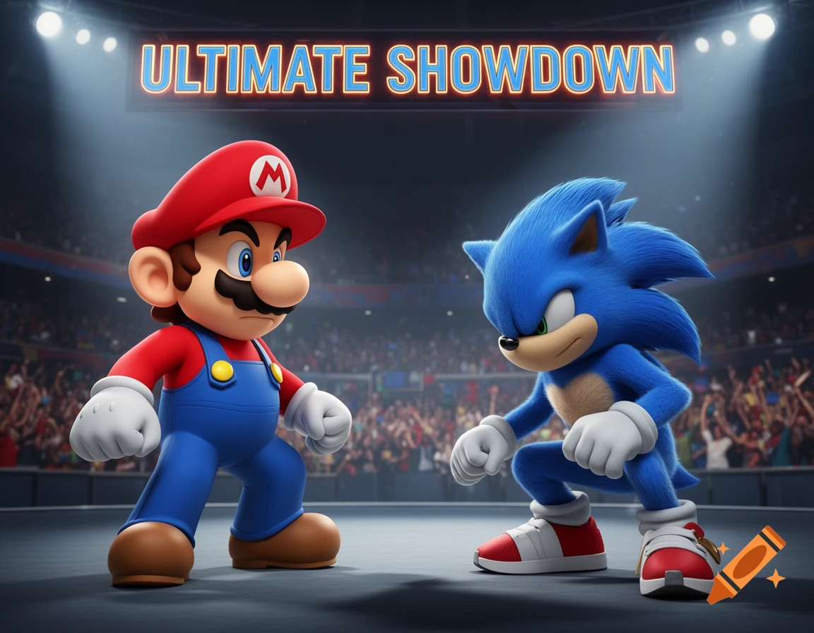 Mario and Sonic face off in a stadium under an 'ULTIMATE SHOWDOWN' sign, rendered in realistic CGI.