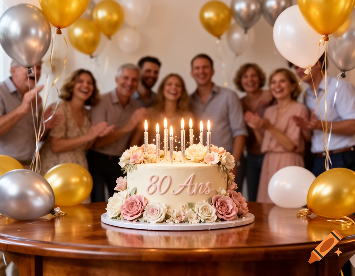 A group of people celebrating an 80th birthday with a cake, lit candles, and balloons on a wooden table.