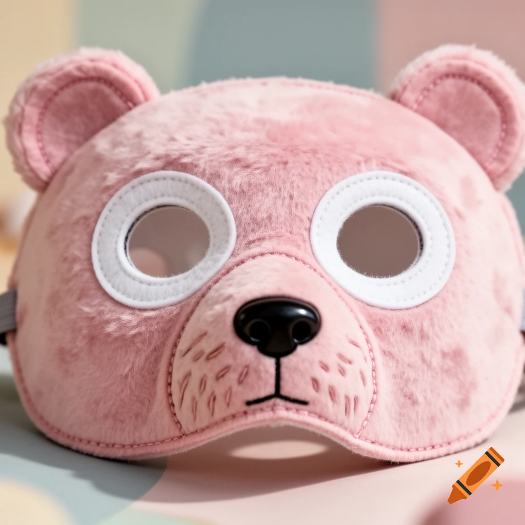 A close-up of a pink fluffy bear mask with white eyeholes and a black nose, lying on a colorful surface.