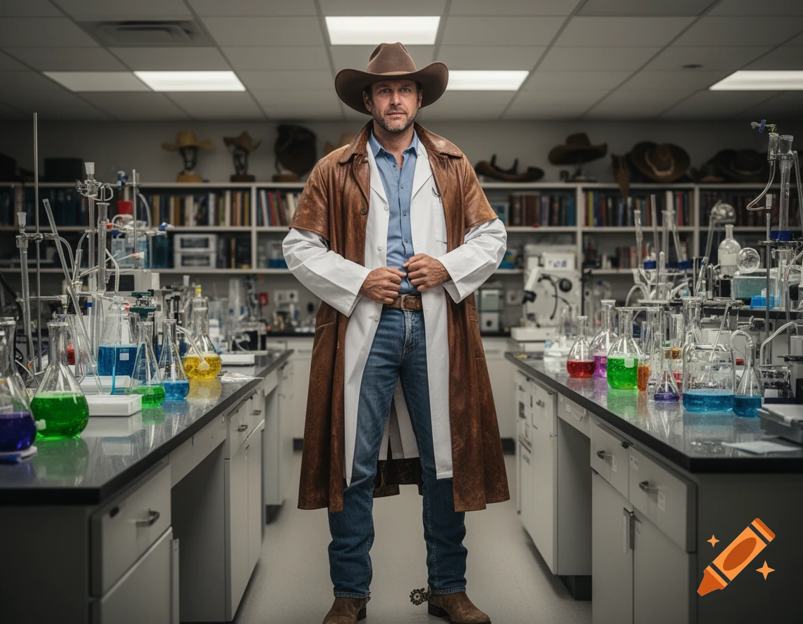 A man in a cowboy hat, brown leather duster, and lab coat stands in a brightly lit science laboratory full of colorful beakers.