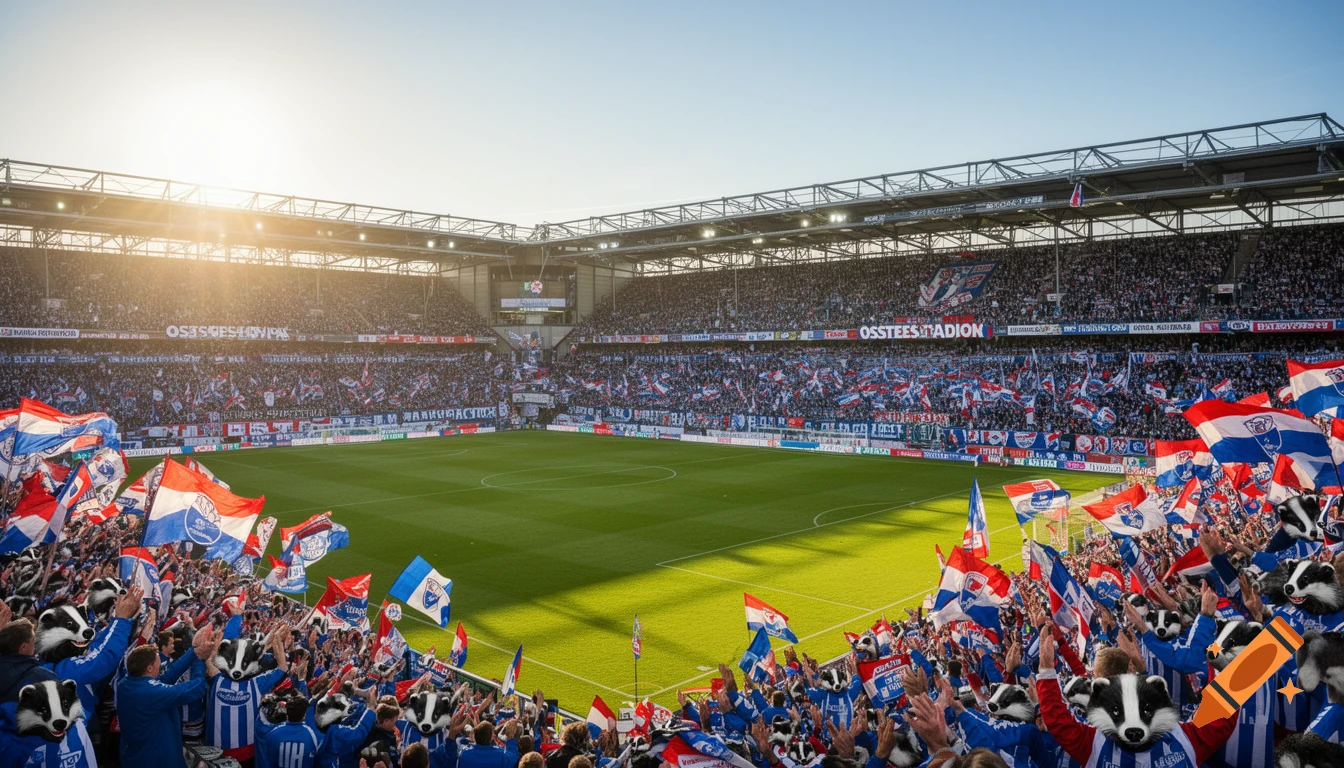 A packed football stadium under a sunny sky, with a green field. The foreground shows a crowd of fans wearing badger masks and waving red, white, and blue flags.