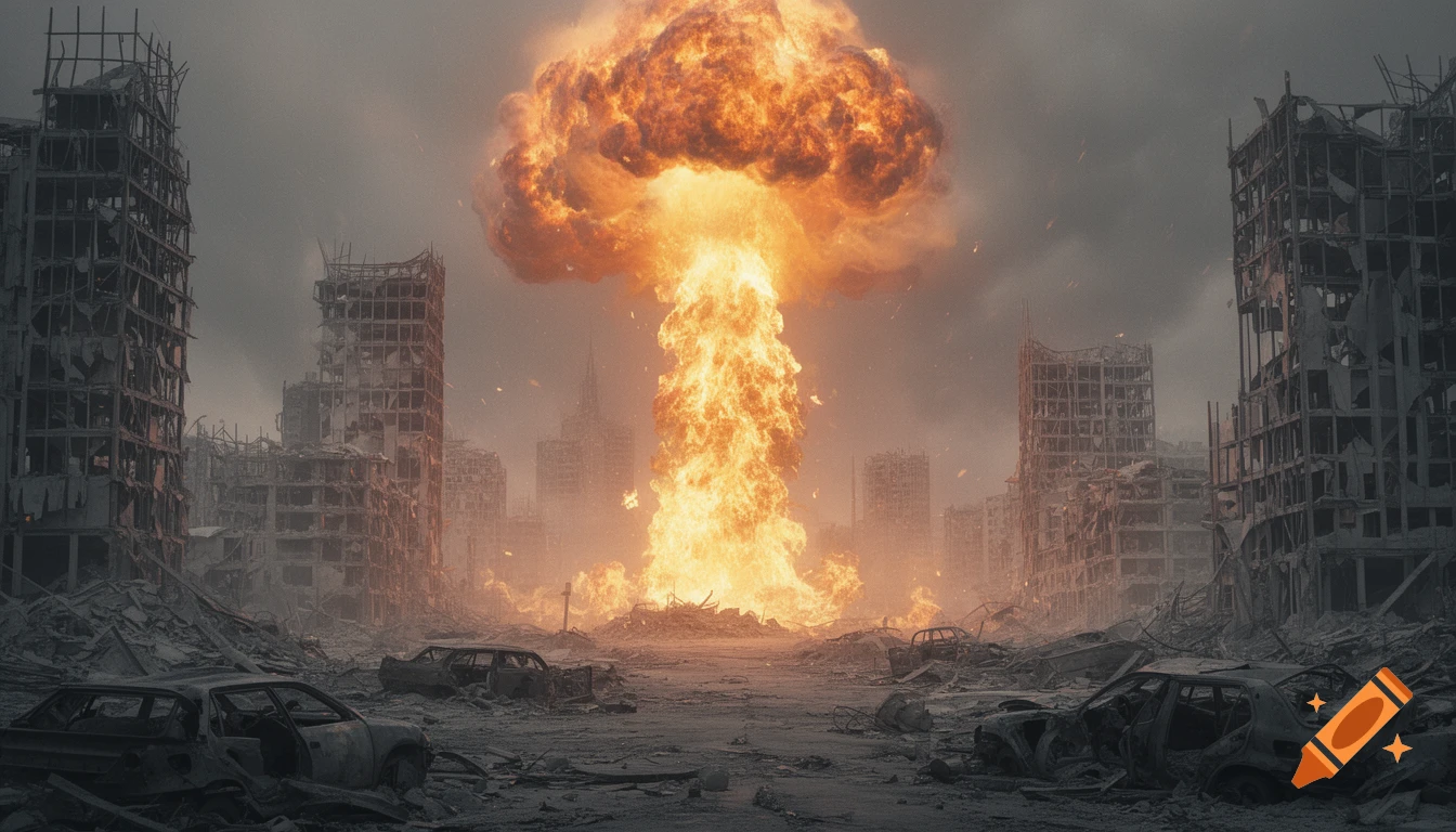 A massive fiery explosion erupts from a desolate, ruined city with collapsed buildings and destroyed cars under a grey sky.