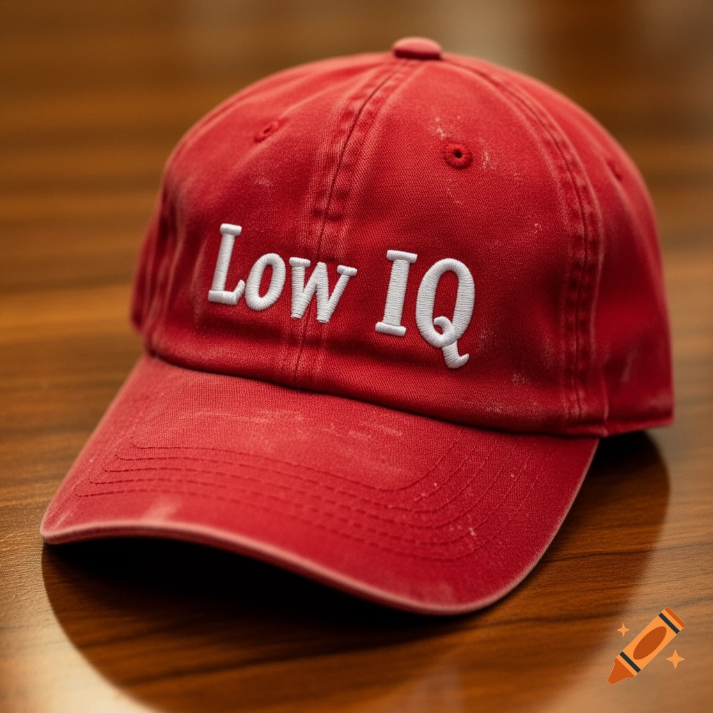 A close-up, photorealistic shot of a red baseball cap with the words 'Low IQ' embroidered in white on the front, resting on a wooden surface.