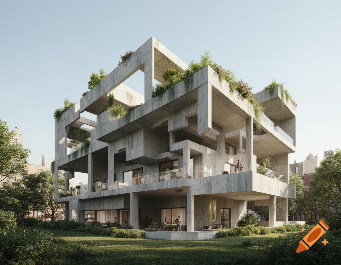 Photorealistic brutalist residential building with an open, asymmetrical concrete structure, terraces, and abundant greenery.