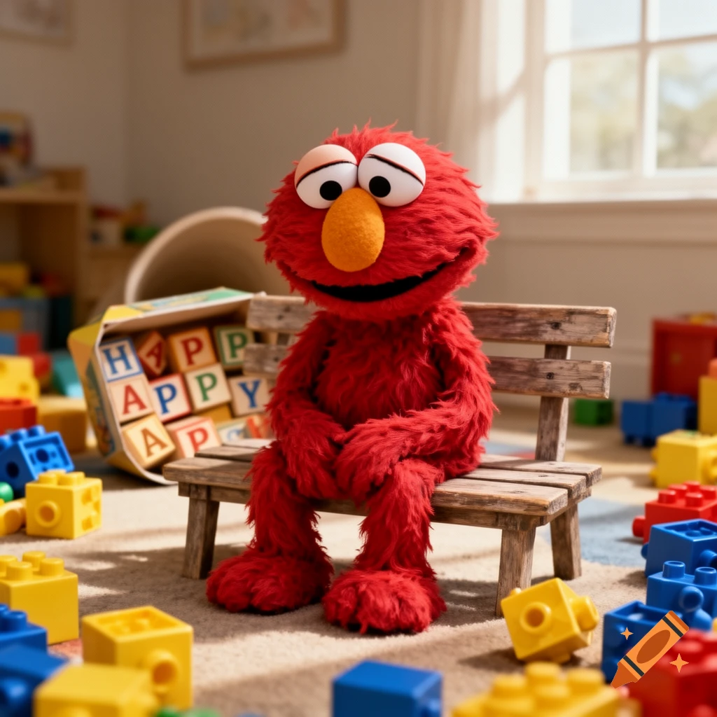 Photorealistic Elmo sitting on a small wooden bench, looking sad amidst colorful toy blocks in a bright playroom.