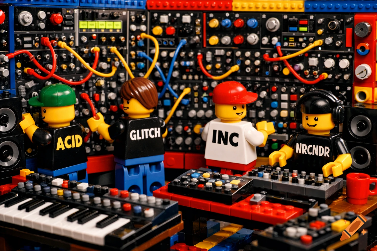 Four LEGO minifigure musicians operate a colorful, detailed modular synthesizer studio with patch cables, keyboards, and controllers.