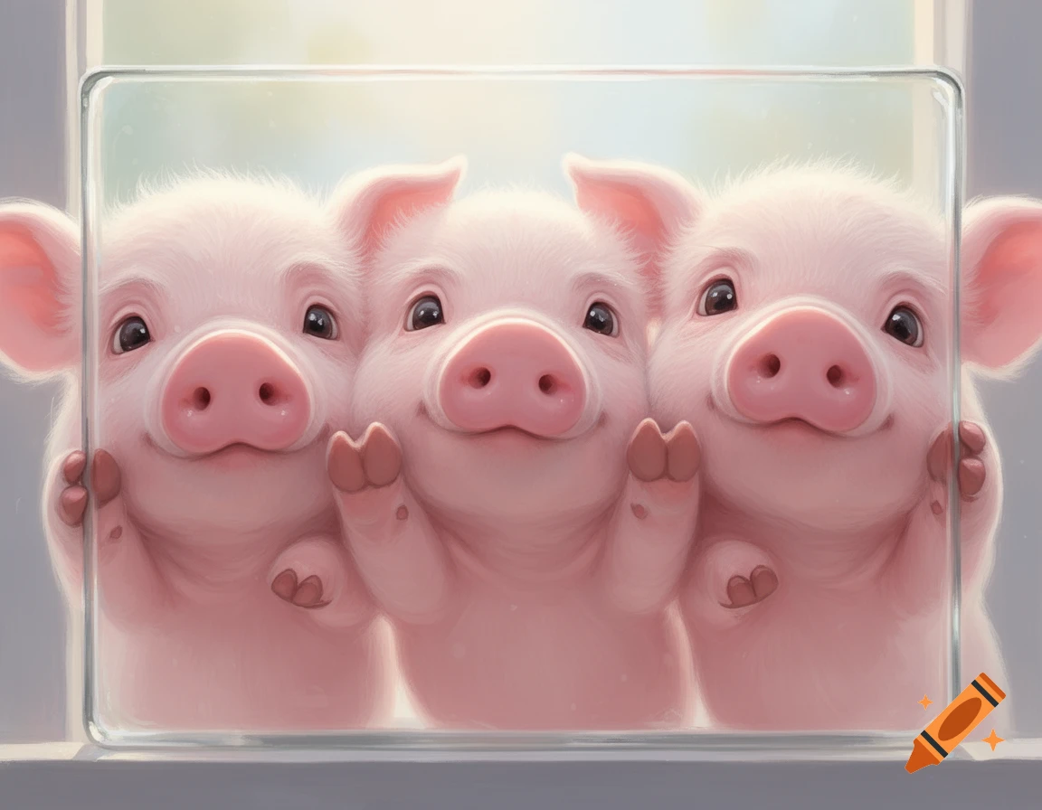 Three cute pink pigs with big smiles and little hooves pressed against a clear glass pane, looking directly at the viewer.