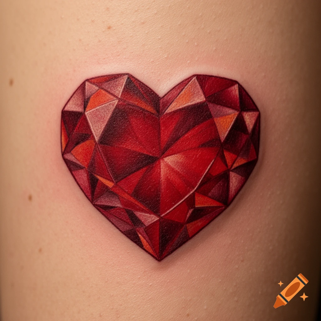 A red faceted heart tattoo on light skin, appearing like a cut gemstone.