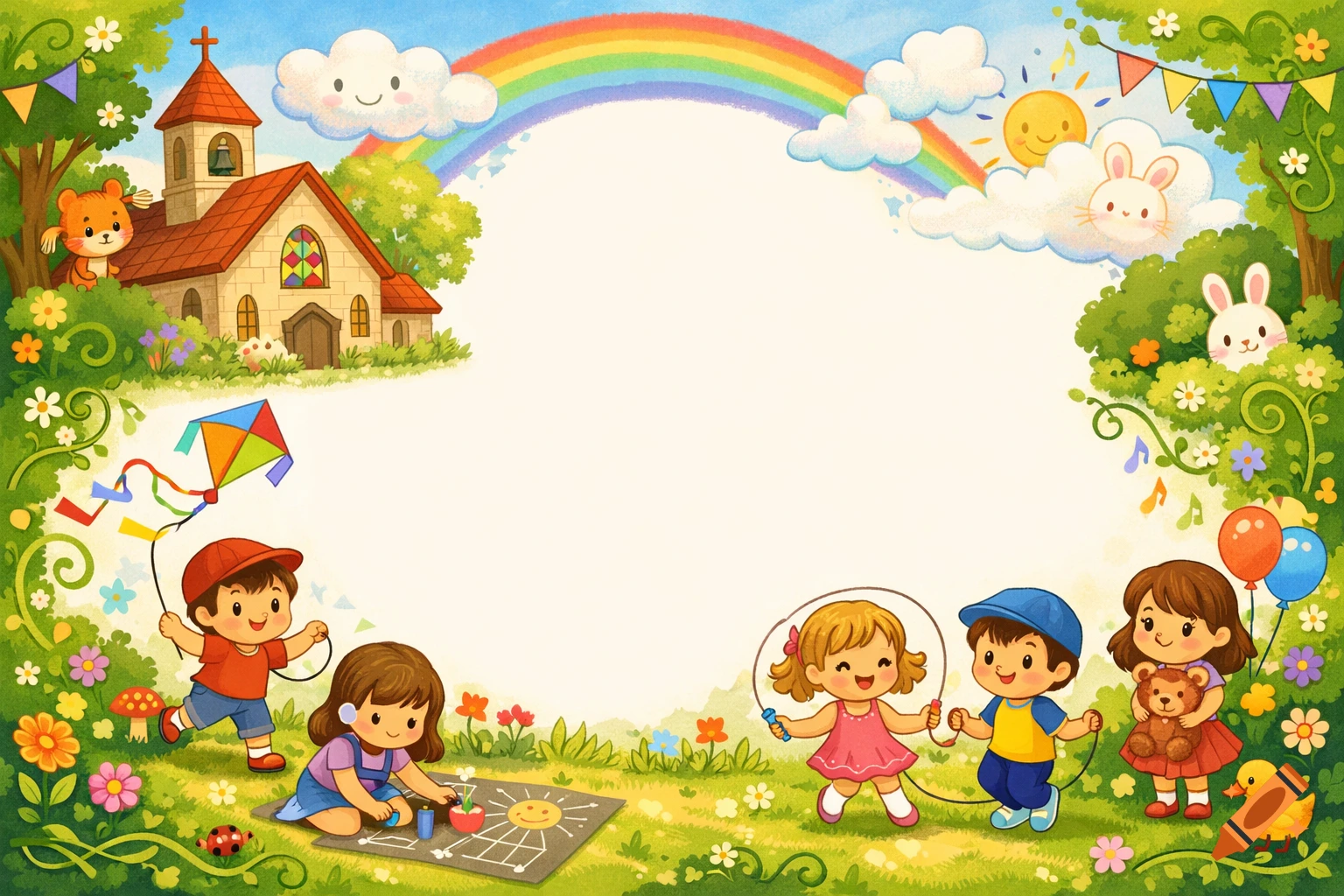 Colorful cartoon illustration of children playing in a park setting, with a church, rainbow, and animals in the background.