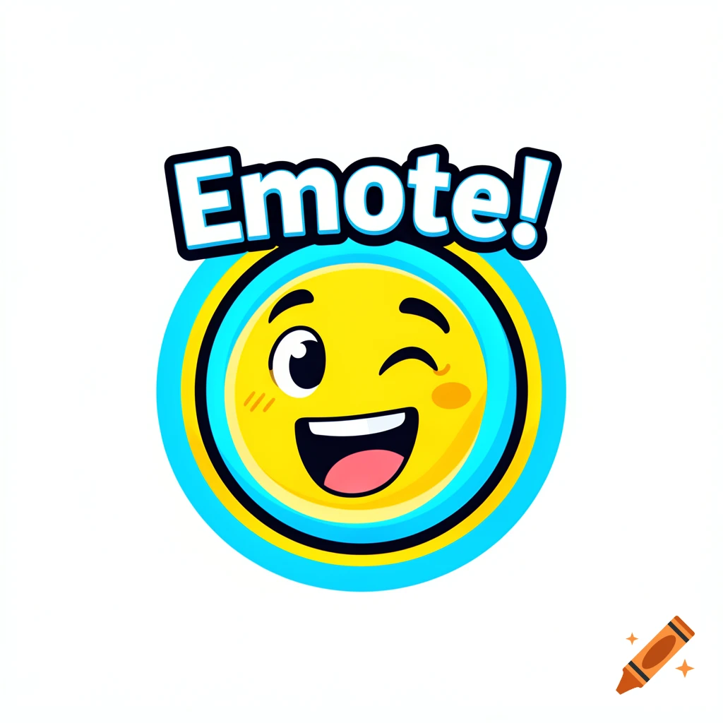 A winking yellow emoji face with an open mouth, surrounded by blue and yellow rings, with the word "Emote!" above it.