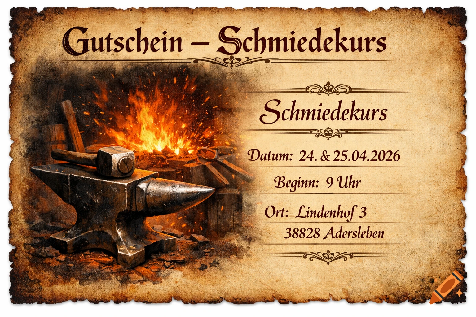 Rustic blacksmith course voucher on parchment with burnt edges, showing an anvil, hammer, and glowing forge with sparks.