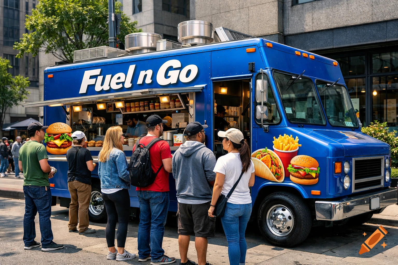 A blue 'Fuel n Go' food truck on a city street with people queuing, featuring large graphics of a burger, fries, and a taco.