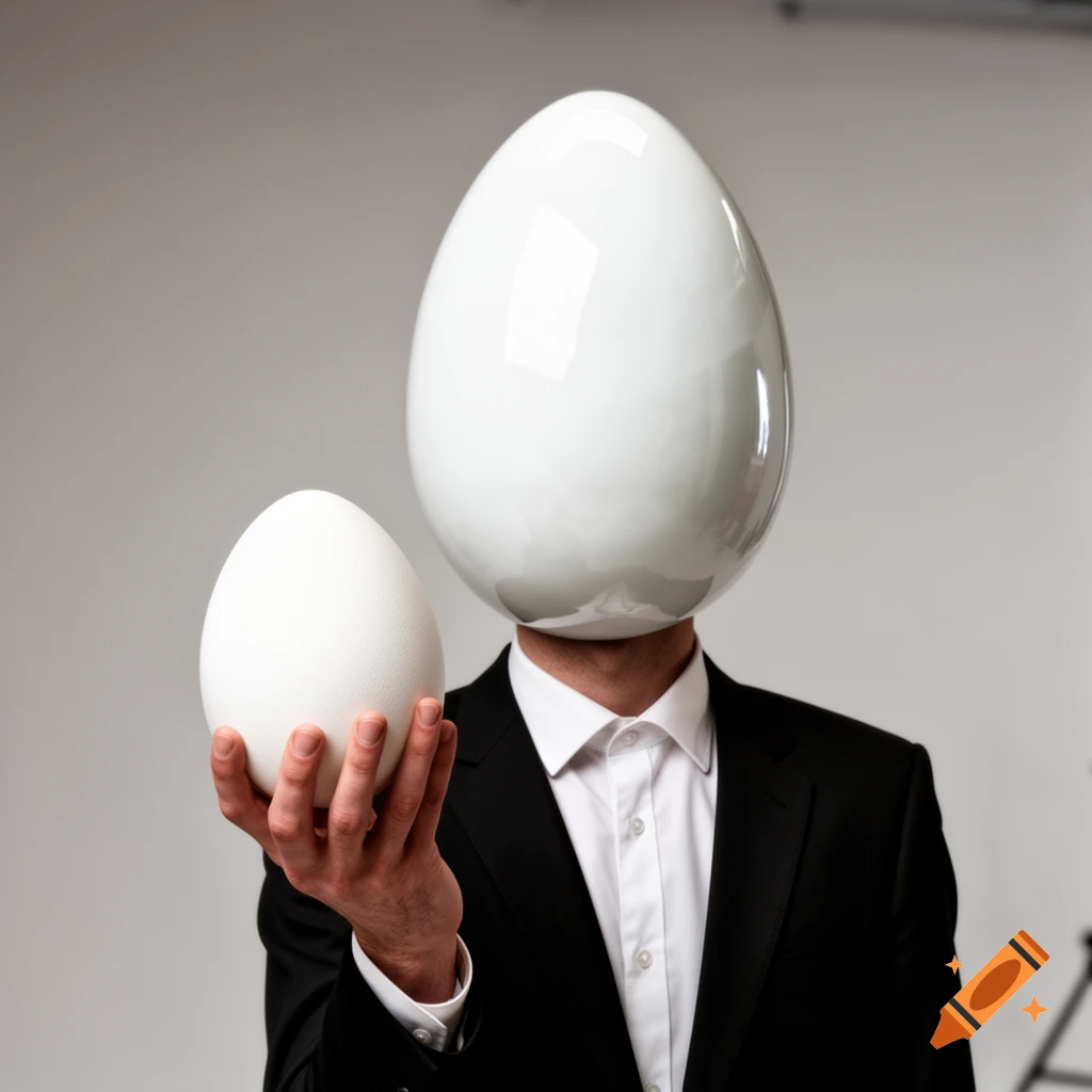 A man in a black suit with a large white egg for a head holds another large white egg in his hand. Photorealistic.