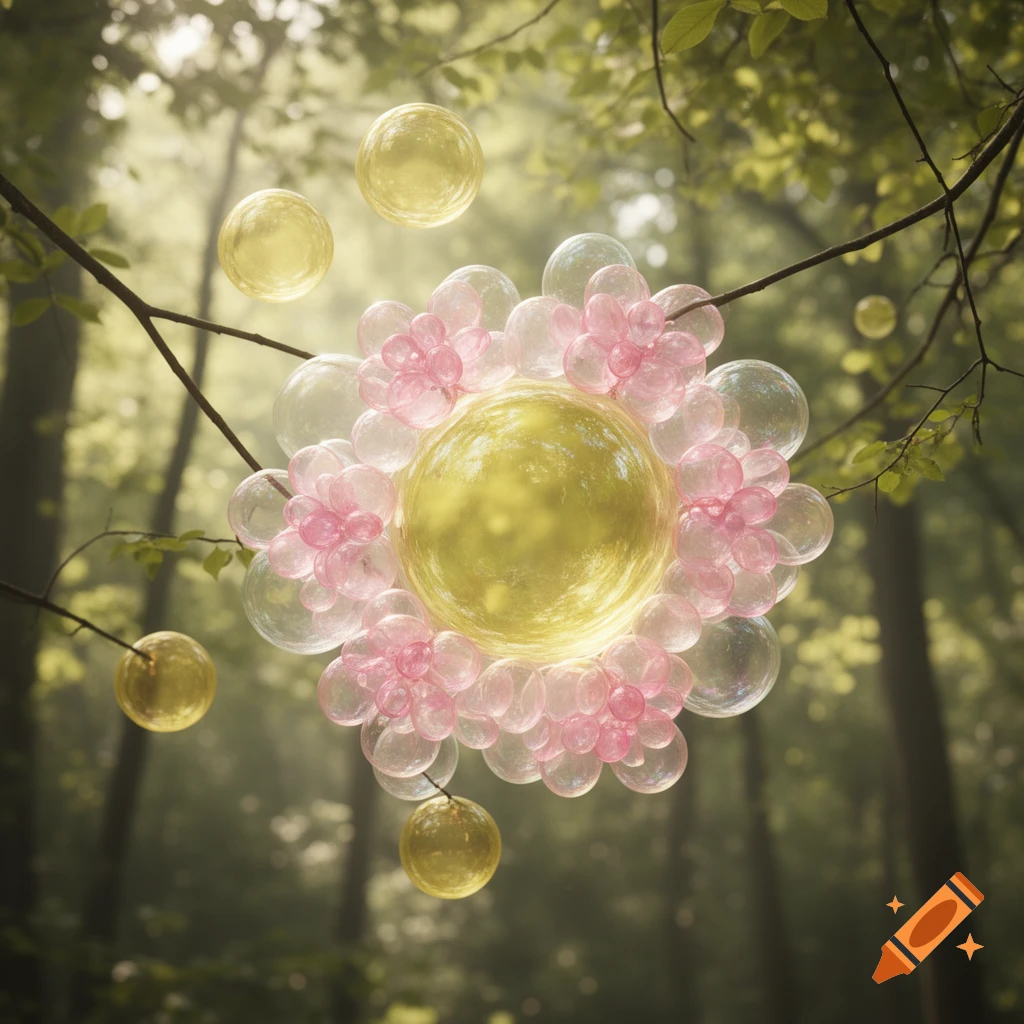 Glowing pink and yellow bubbles form a flower-like shape among green forest branches, with other bubbles floating nearby.