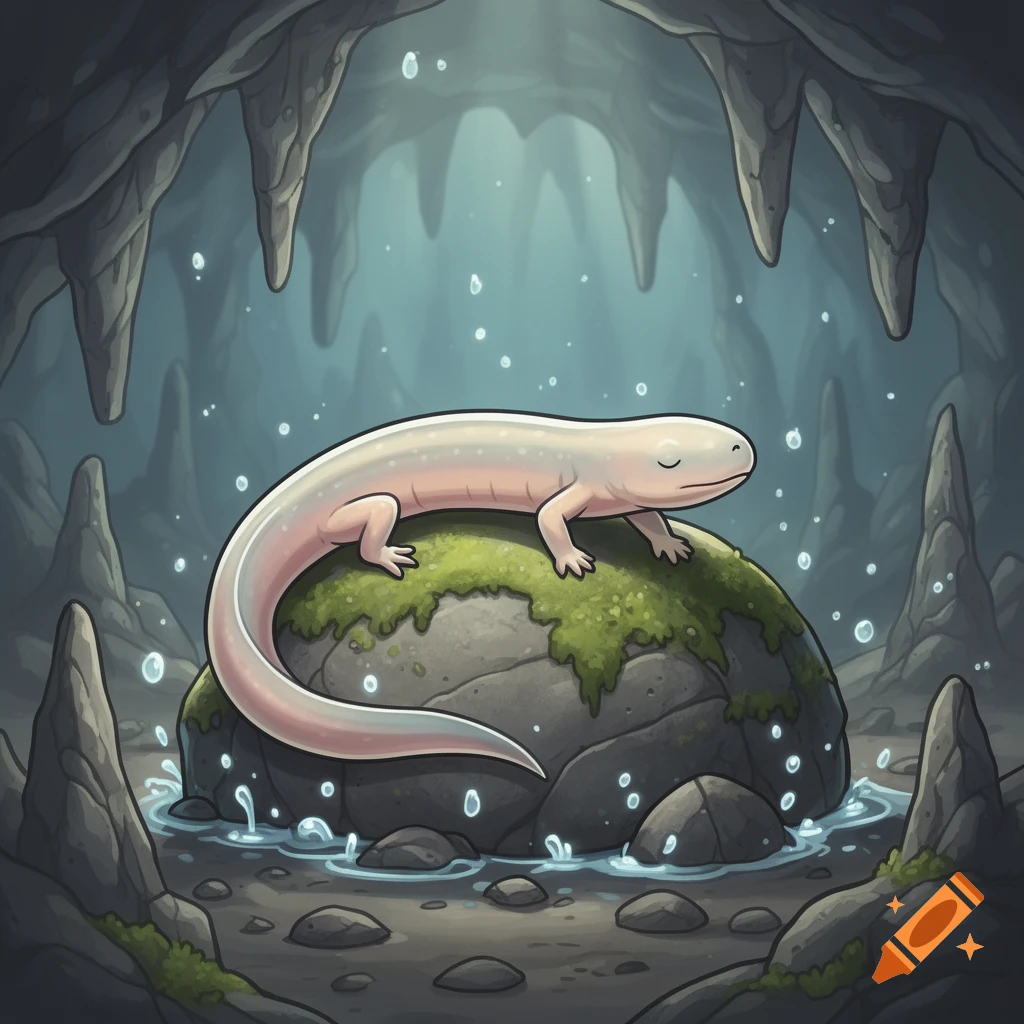 A cute cartoon eyeless Texas blind salamander with light pink skin rests on a moss-covered rock inside a damp cave with stalactites.