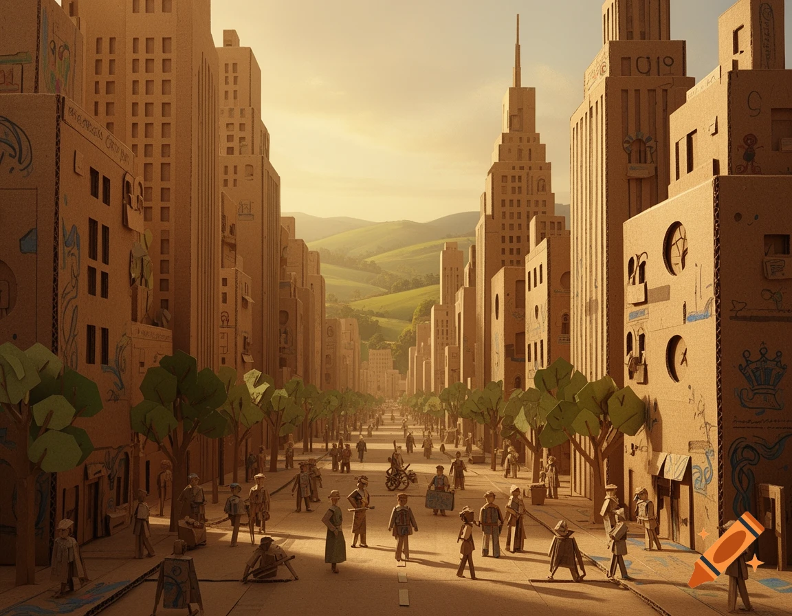 A detailed diorama of a city and people crafted entirely from cardboard, bathed in warm sunlight.