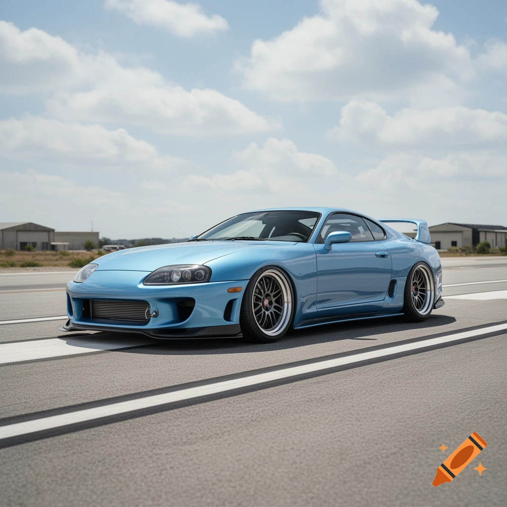A light blue sports car with aftermarket wheels parked on an asphalt runway under a blue sky with scattered clouds.