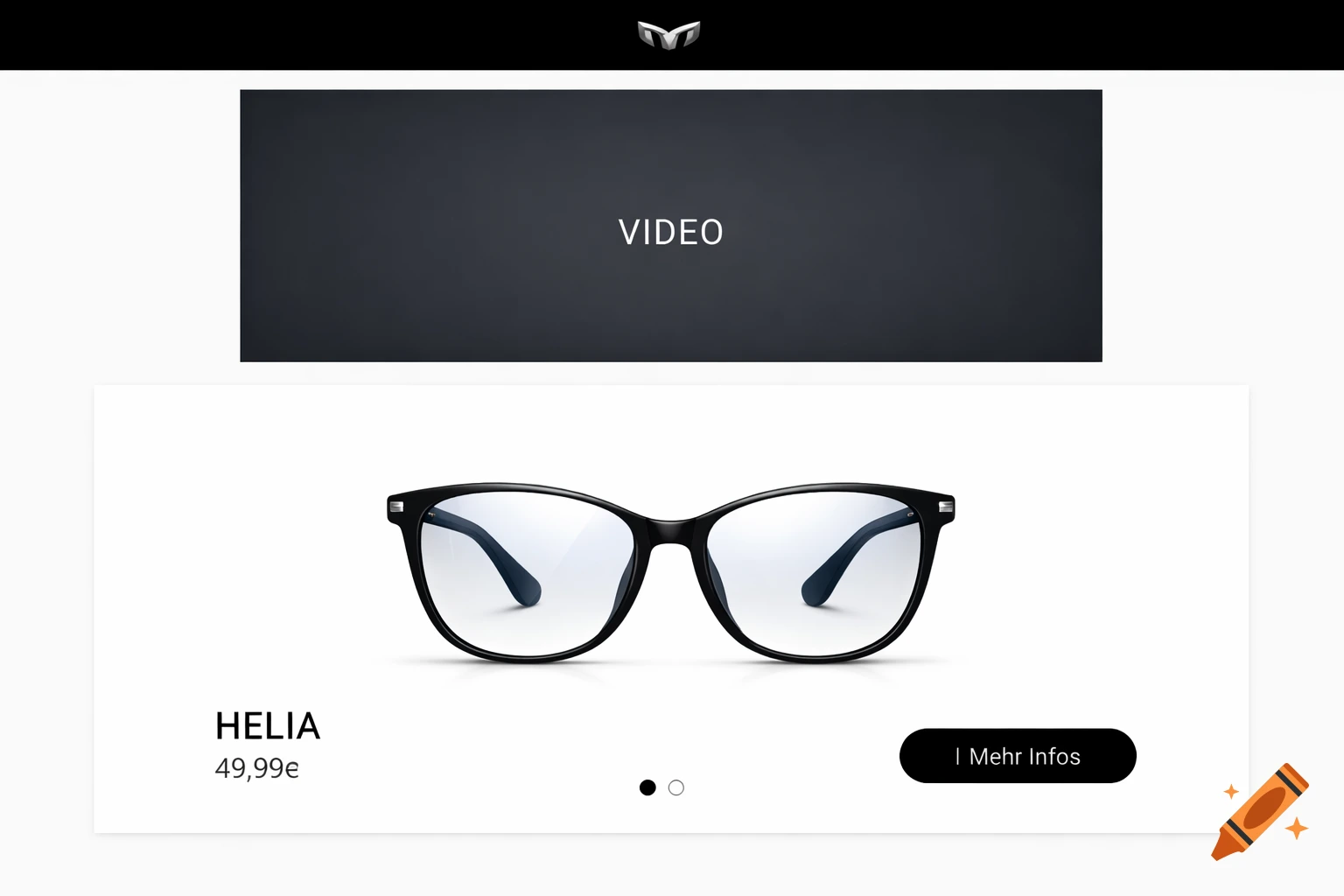 A website mock-up featuring a black-framed glasses product display with 'HELIA' and '49,99 €' price, a 'Mehr Infos' button, and a video placeholder.