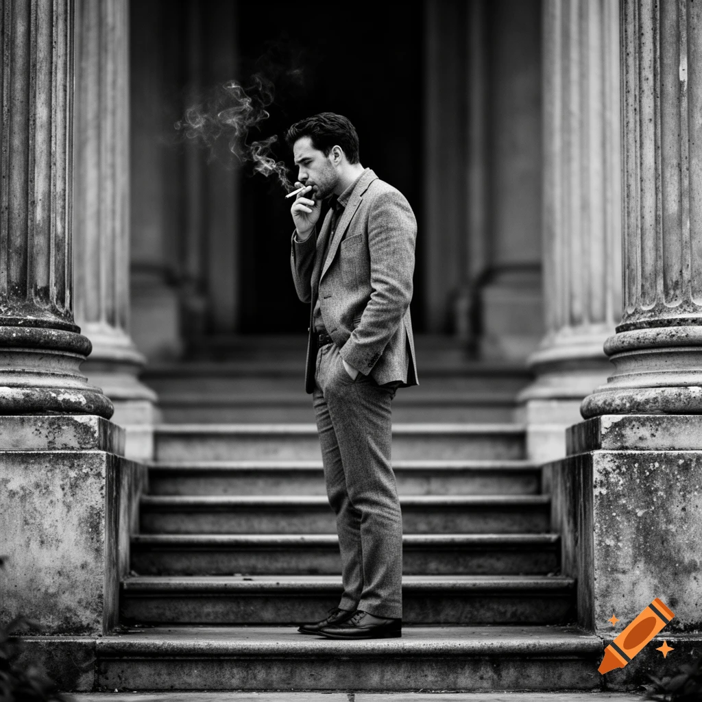 A man in a tweed suit stands on stone steps between two large classical pillars, smoking a cigarette.