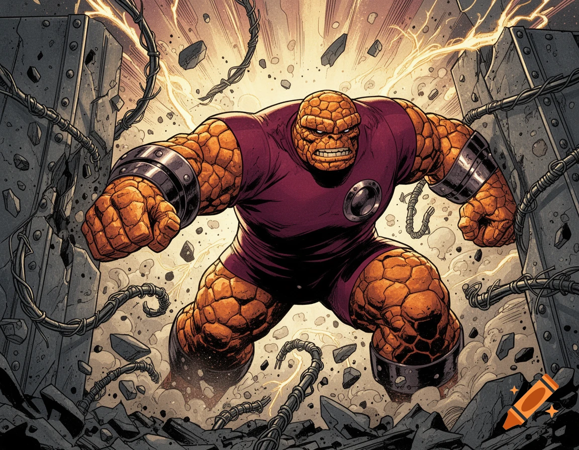 The Thing wearing a Juggernaut-style uniform crashes through a metal wall in a classic Marvel comic art style.