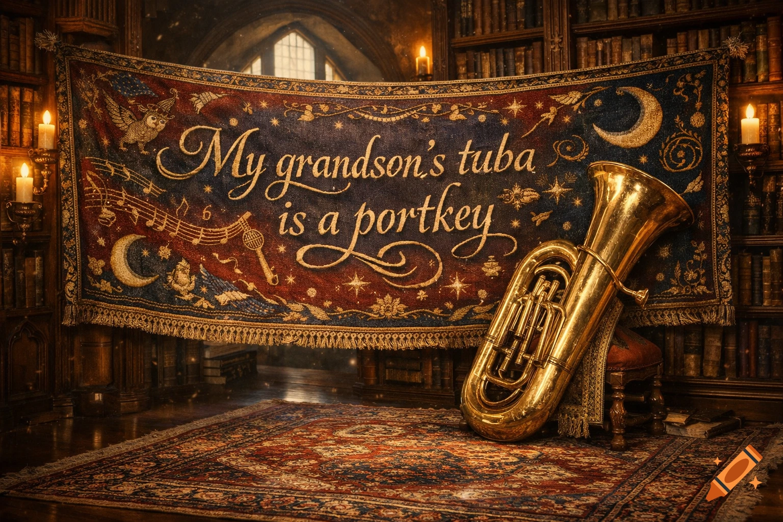 A gleaming gold tuba leans against a dark red and blue tapestry that reads 'My grandson's tuba is a portkey' in a grand, candlelit library.