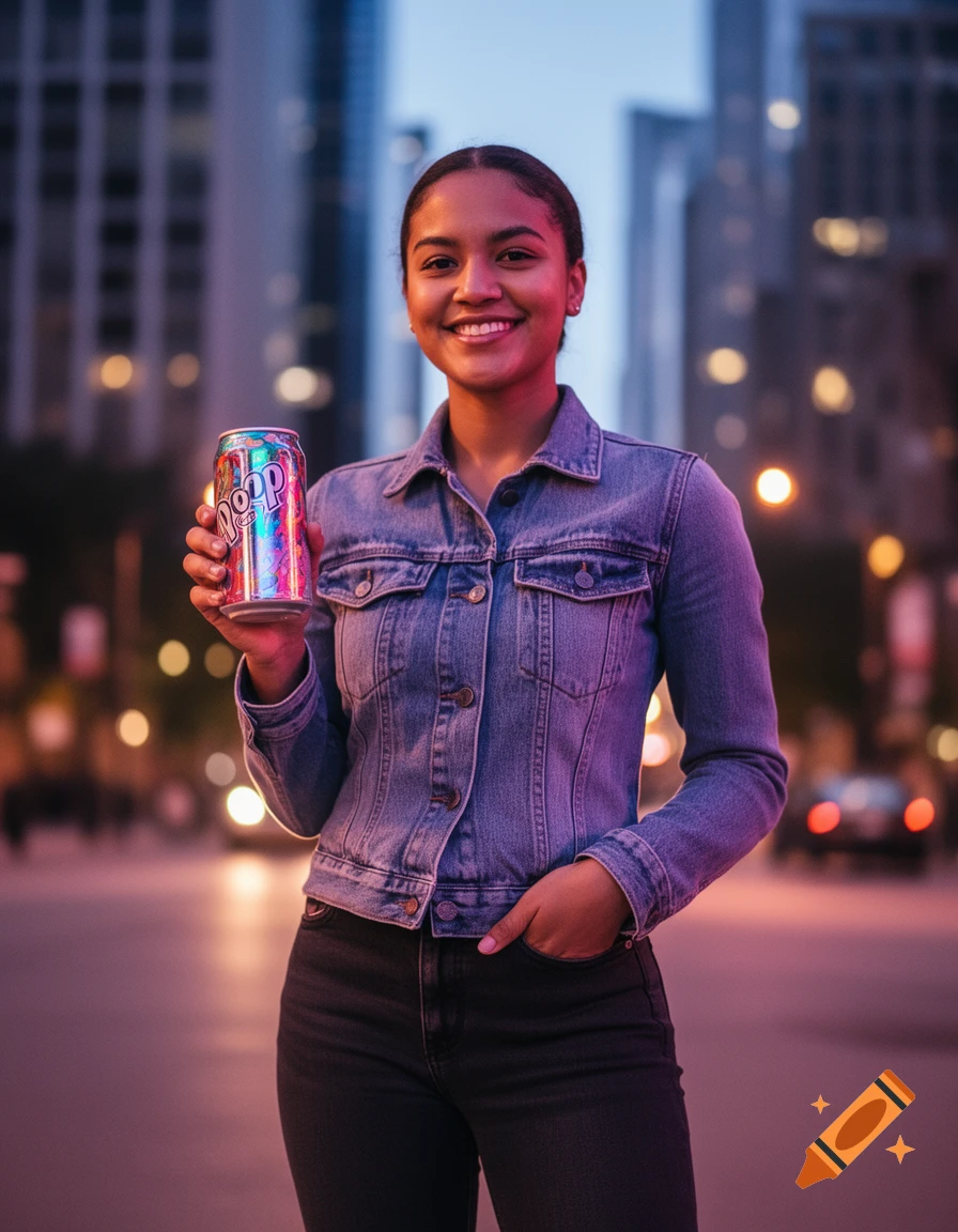 A smiling young woman in a denim jacket holds a vibrant can on a city street at dusk. Photorealistic.