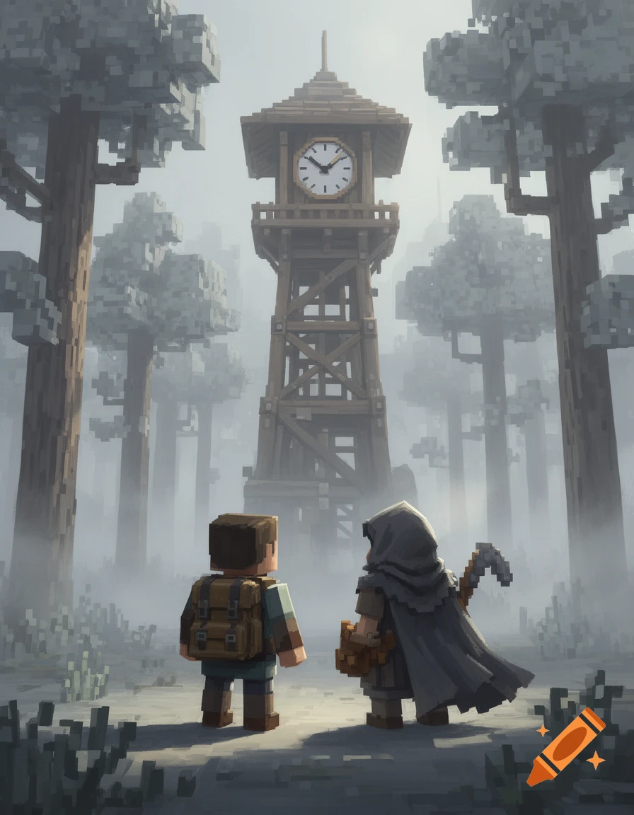 Two blocky adventurers gaze at a towering wooden clock tower in a dense, foggy blocky forest, rendered in a voxel art style.