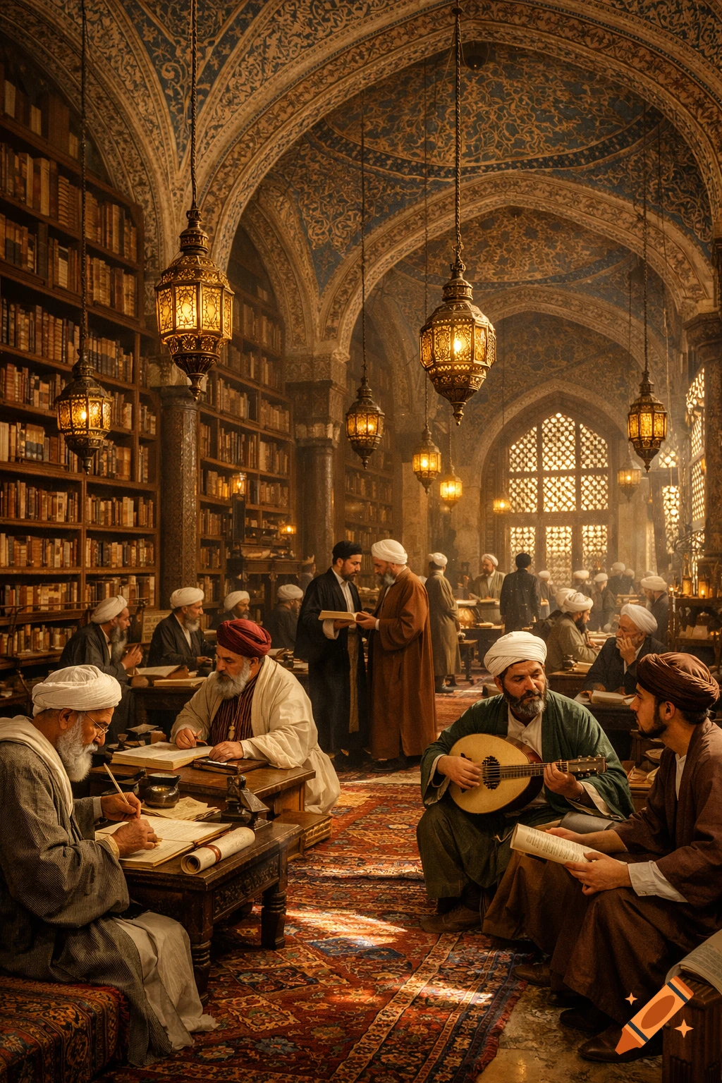 A bustling, ornate library with men in traditional attire reading, writing, and playing music. Photorealistic.