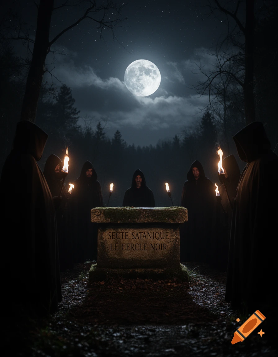 Hooded figures in black robes gather around a stone altar inscribed 'SECTE SATANIQUE LE CERCLE NOIR' in a dark forest under a full moon.