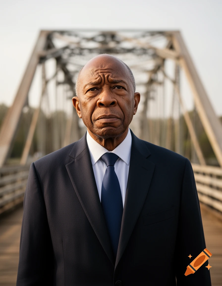 Close-up photorealistic portrait of an older Black man in a dark suit and blue tie, standing on a bridge, looking seriously at the camera.
