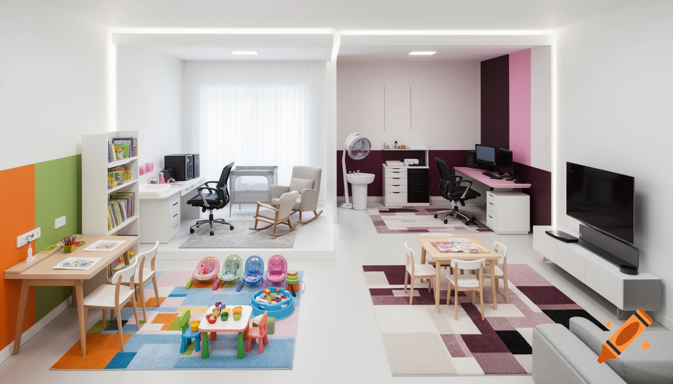 A wide-angle, photorealistic interior shot of a modern, multi-functional living space divided into five distinct zones, including a tutor station, daycare, home salon, home office, dining area, and living area, all with clean white walls and colorful accents.
