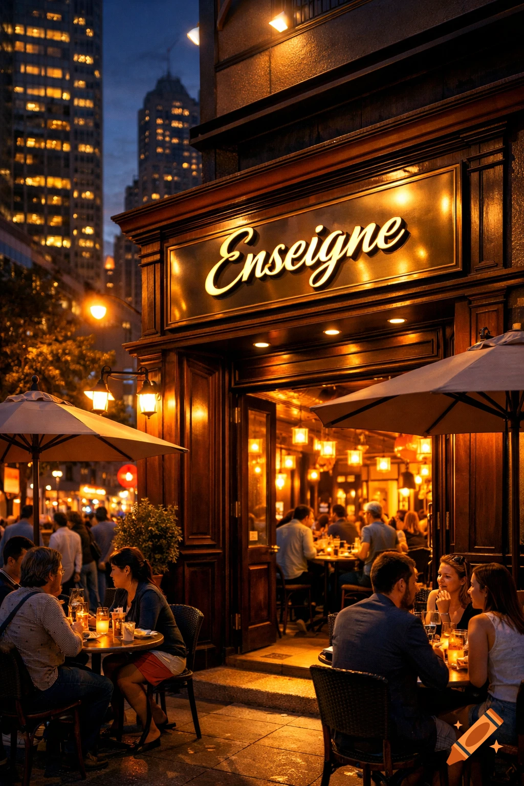 Photorealistic night view of a busy restaurant with outdoor dining and a glowing 'Enseigne' sign, surrounded by city lights.