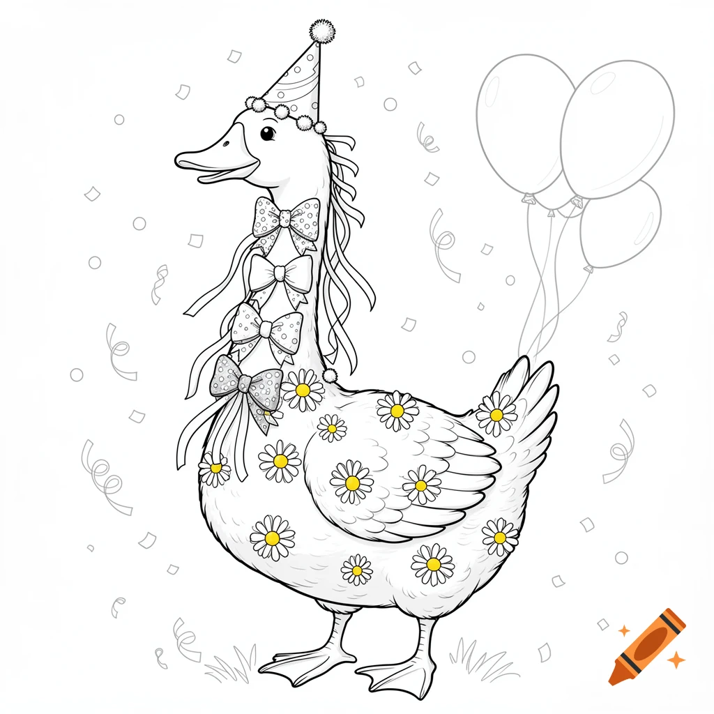 A coloring page illustration of a silly goose wearing a party hat and bows, covered in daisies, with confetti and balloons.