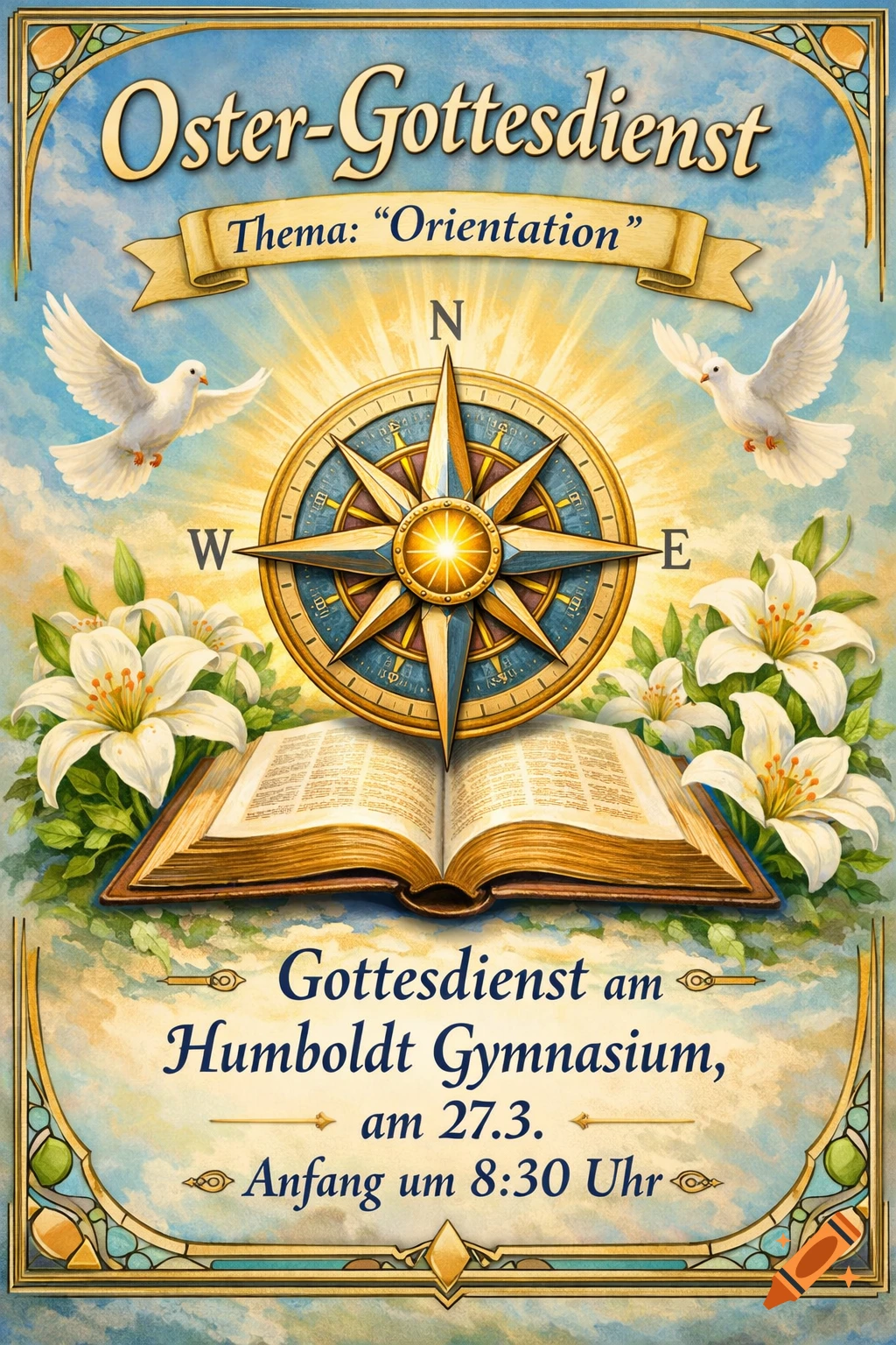 An illustrated poster for an Easter service, featuring two white doves, a compass, an open book, and white lilies against a blue sky. German text announces an "Oster-Gottesdienst" (Easter Service) with the theme "Orientation" and event details.