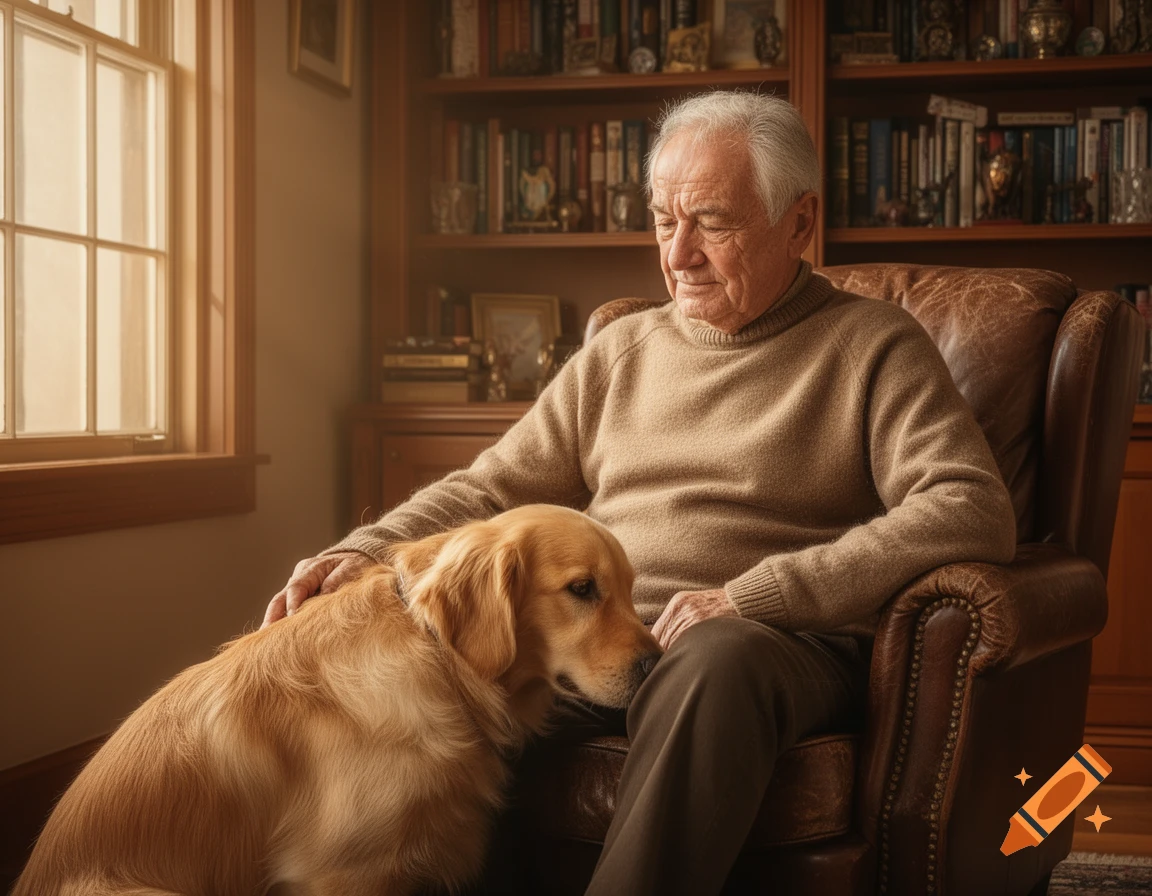 A photorealistic image of an old man in a brown sweater sitting in a leather armchair, gently petting his golden retriever. A bookshelf and a sunlit window are in the background.