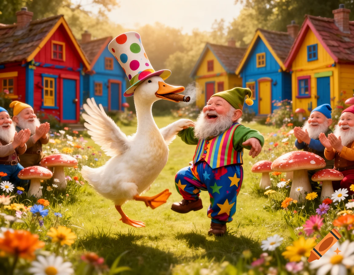 A whimsical duck in a top hat with a cigar dances with a laughing gnome, as other gnomes clap in a field with colorful houses.