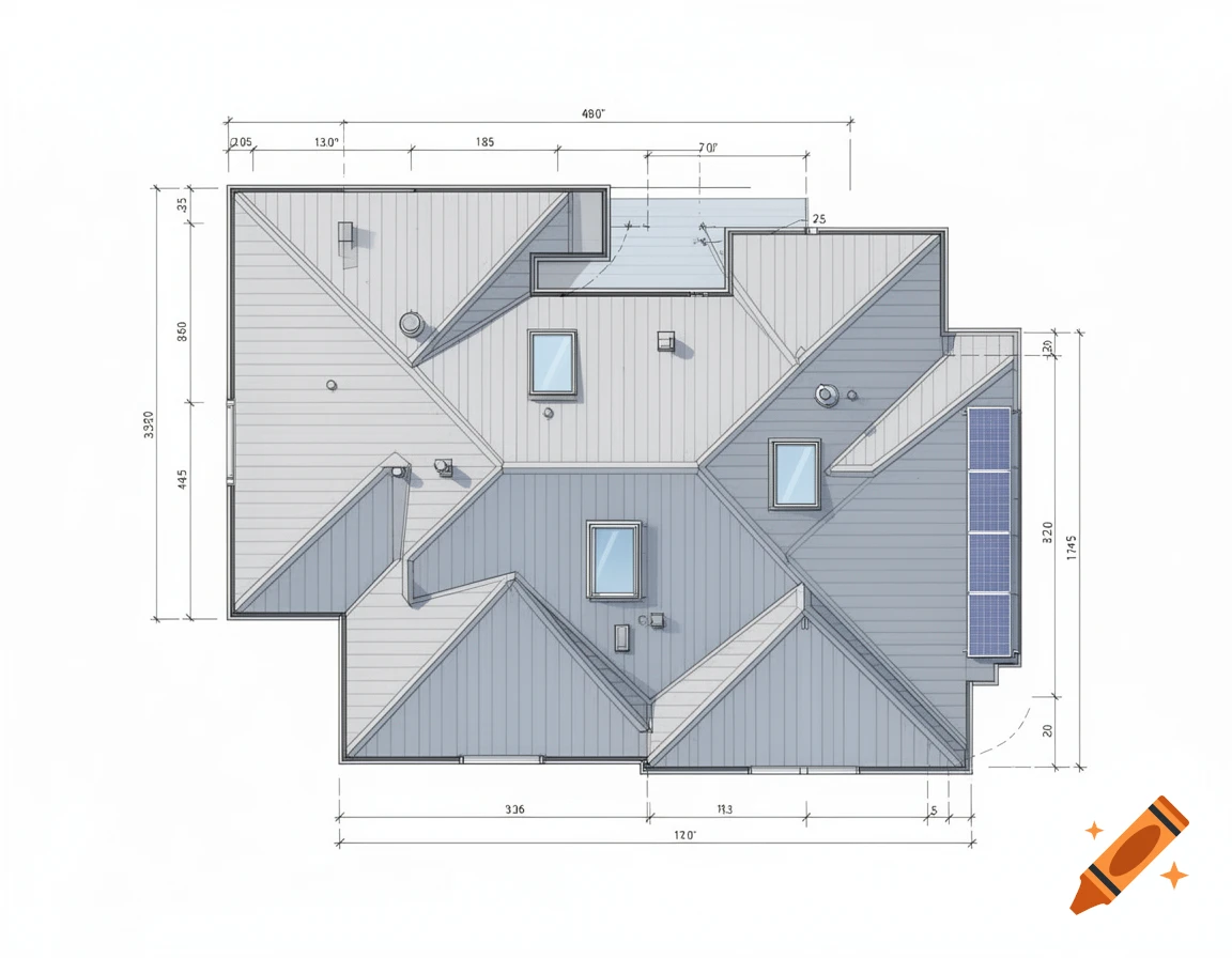 Overhead view of a detailed architectural roof plan with various sections, skylights, and solar panels, including dimensions.