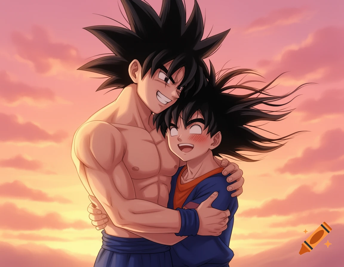 Anime illustration of a muscular man embracing a younger man with spiky black hair against a warm sunset sky.