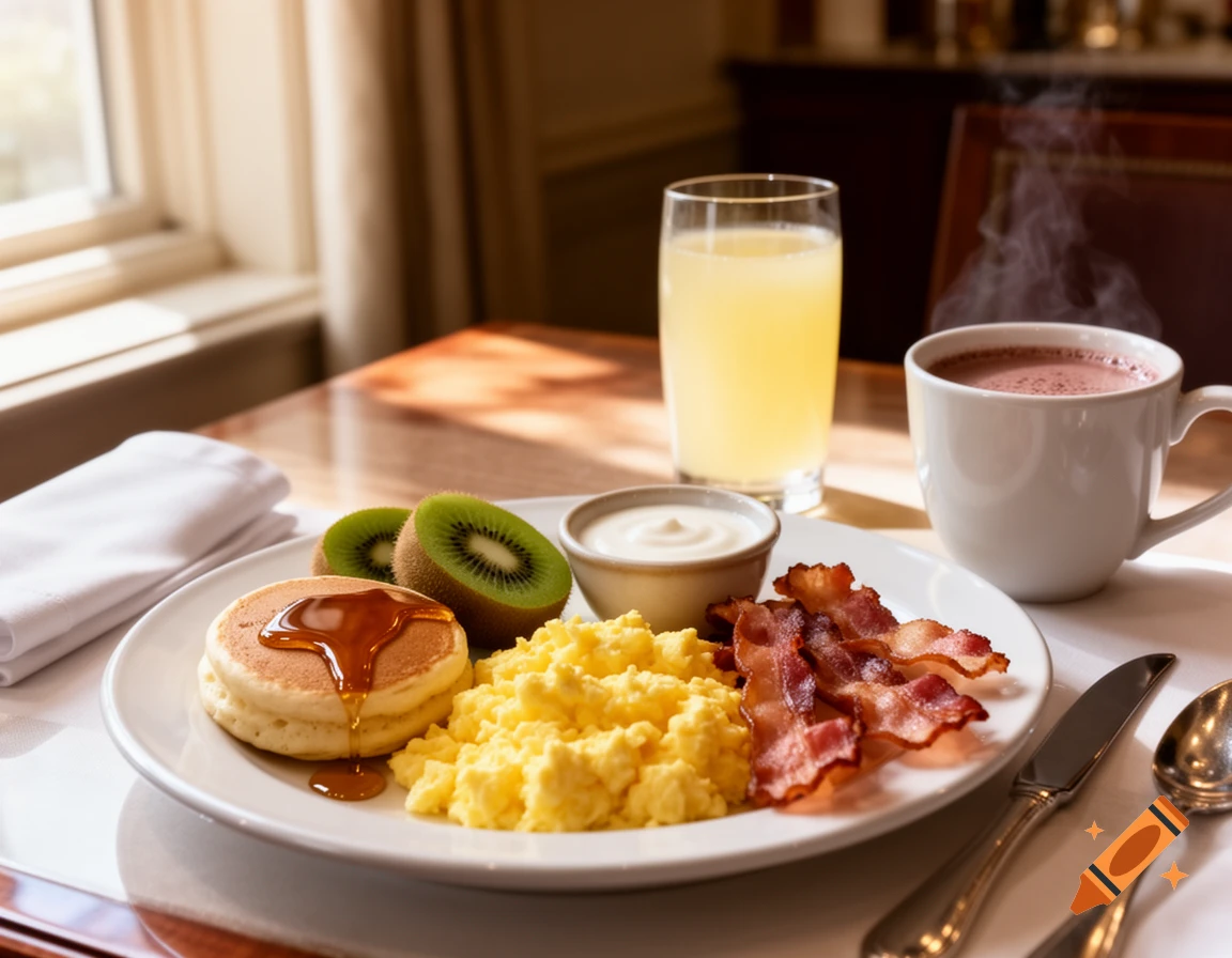A plate of pancakes with syrup, scrambled eggs, bacon, kiwi slices, and yogurt, with juice and hot chocolate on a table by a window.
